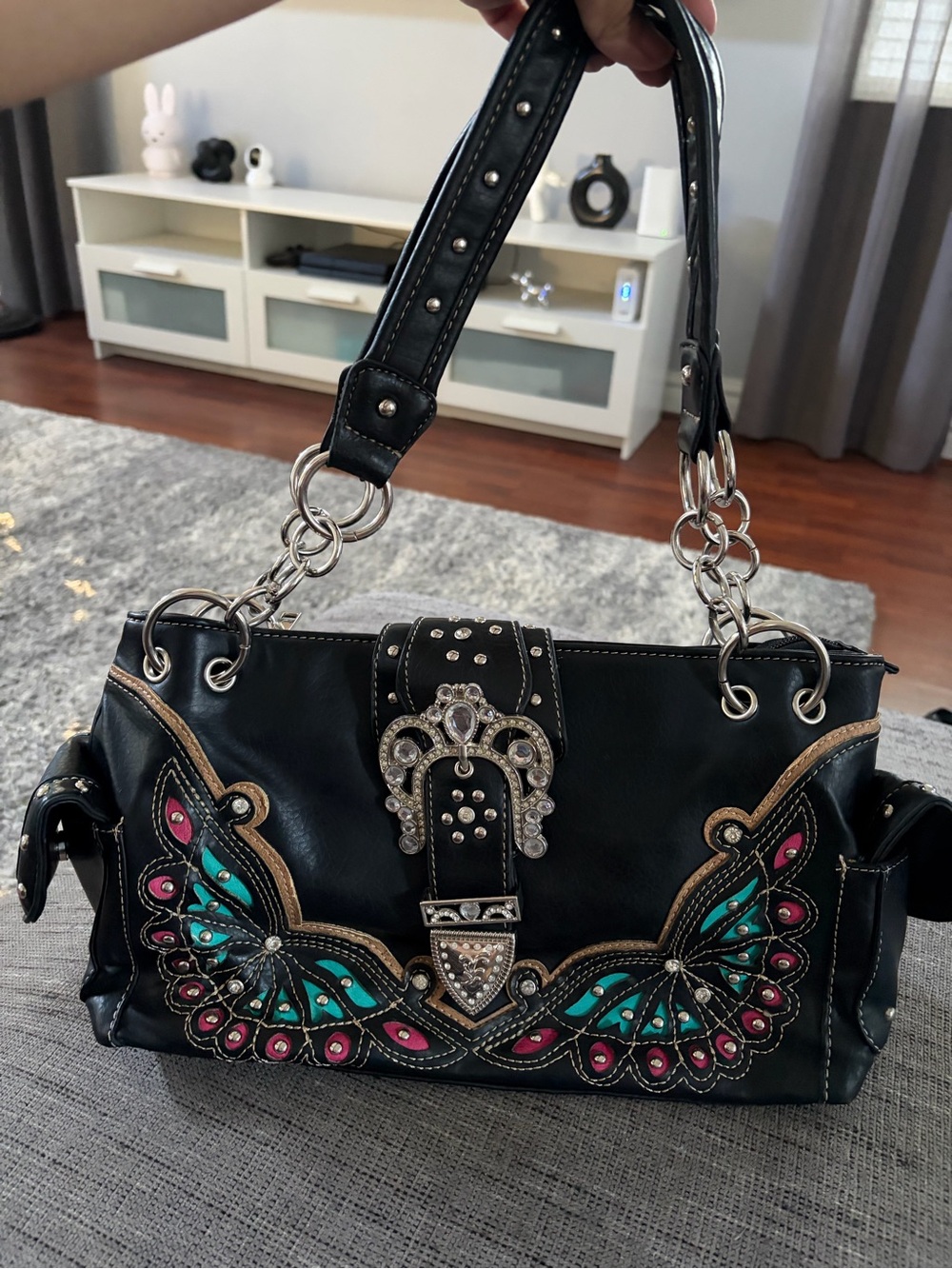 Black Western Jewel Faux Leather Buckle Chain Purse